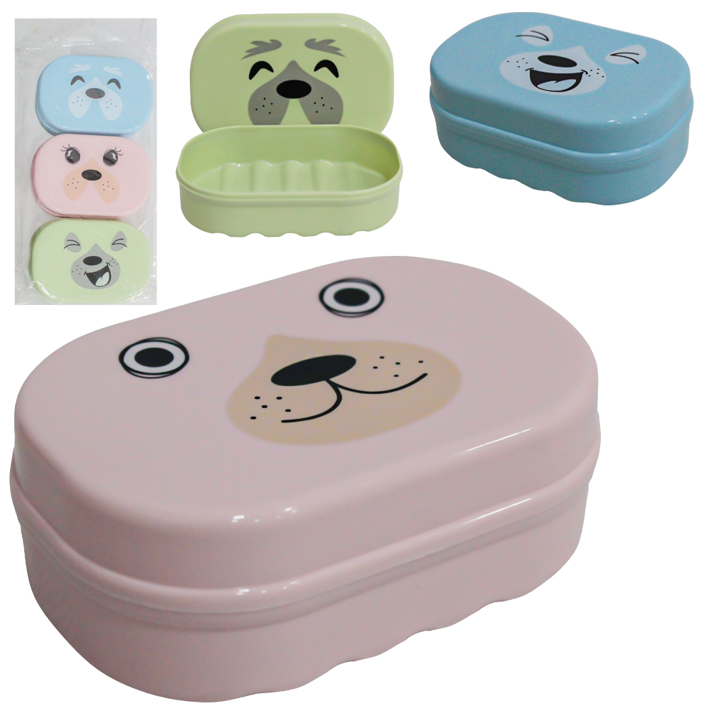 SABONETEIRA DE PIA DE PLASTICO OVAL CACHORRO COM TAMPA 3 PECAS 10,5X7X4CM