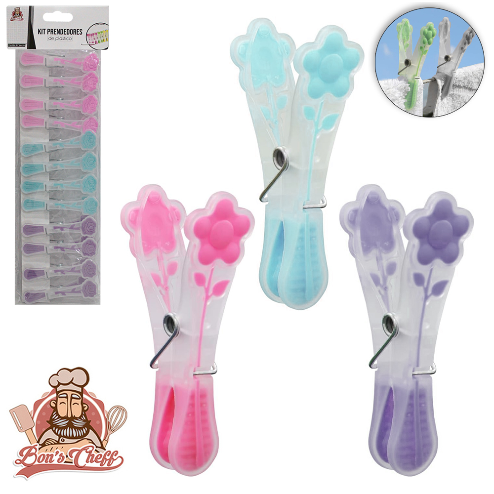 PRENDEDOR DE ROUPA DE PLASTICO COM PONTA EMBORRACHADA ROSAS COLORS 12 PECAS 8X1,5CM