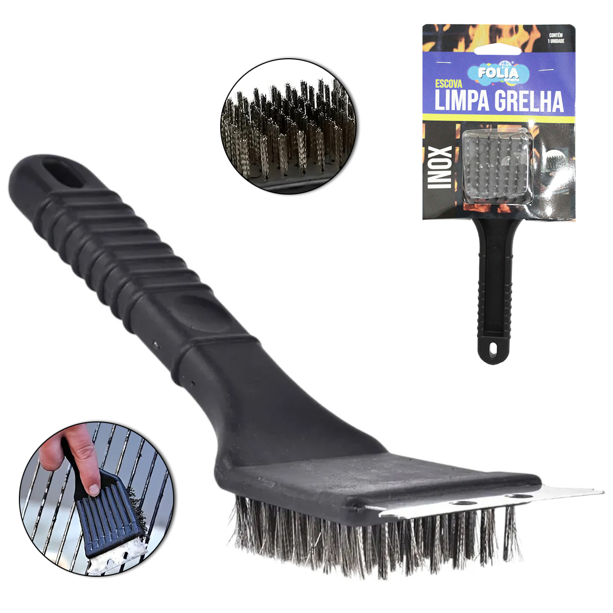 ESCOVA DE ACO PARA GRELHA CHURRASQUEIRA COM RASPADOR CABO PLASTICO 21,5X7CM