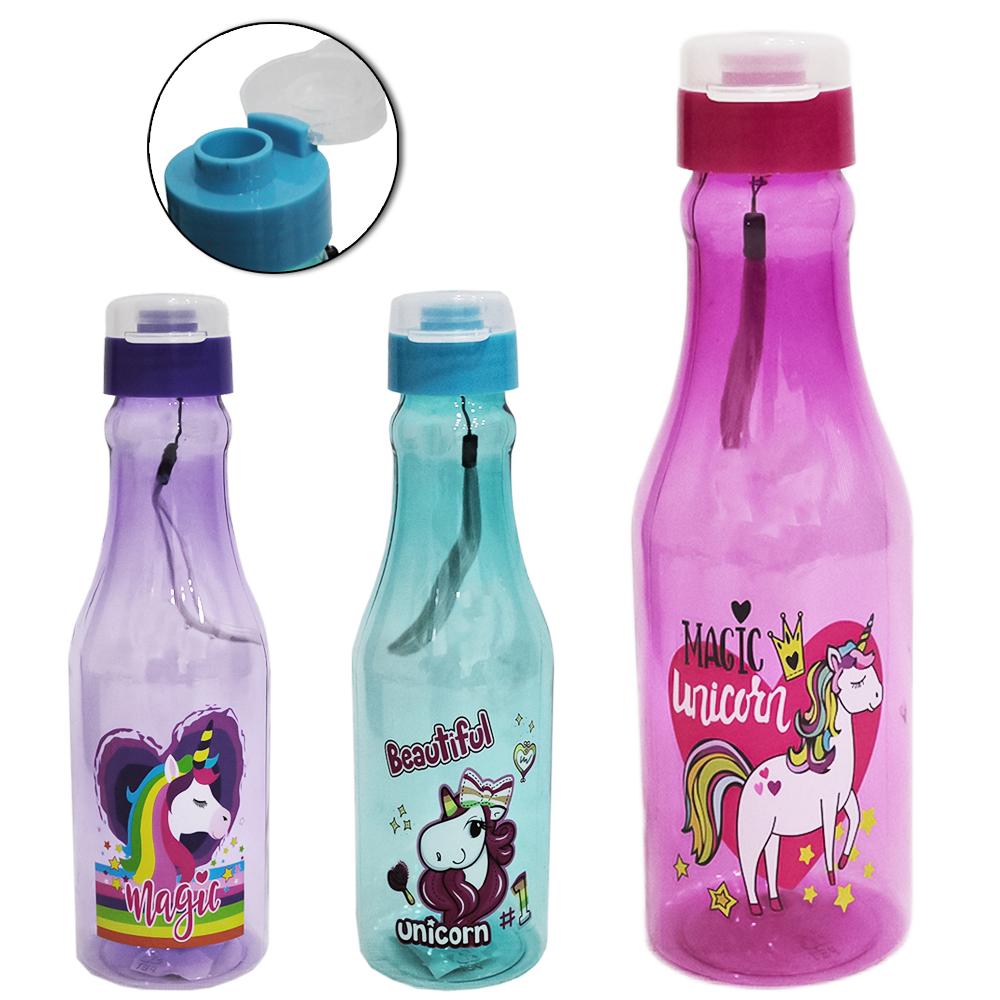 GARRAFA SQUEEZE DE PLASTICO PET UNICORNIO COM TAMPA + ALCA 600ML