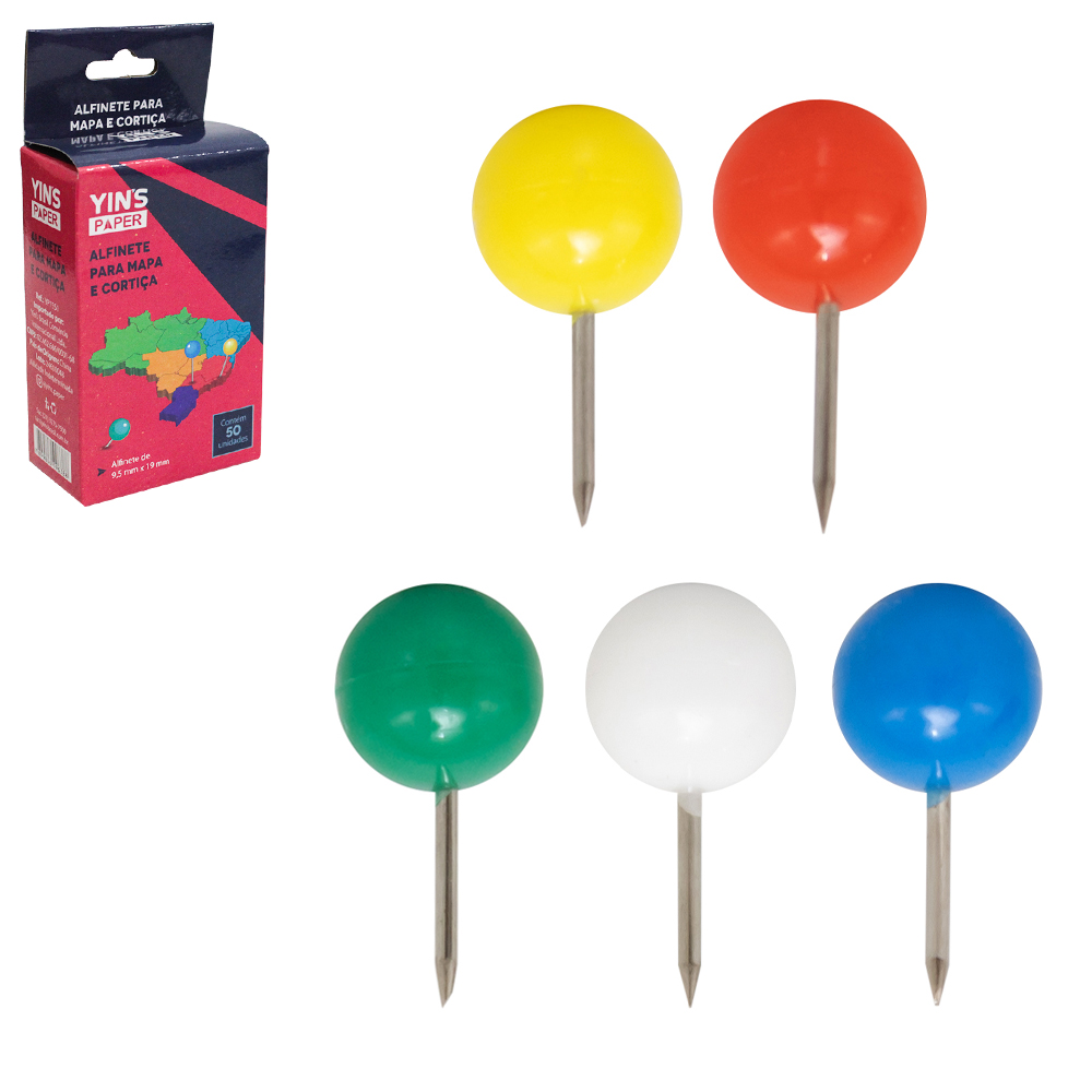 ALFINETE / TACHINHA PARA MAPA E CORTICA DE METAL / PLASTICO YINS PAPER COM 50 PECAS