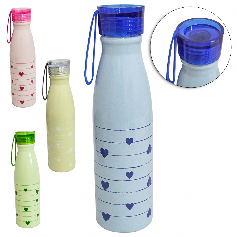 GARRAFA SQUEEZE DE ALUMINIO CORACAO COM TAMPA E ALCA DE SILICONE 600ML