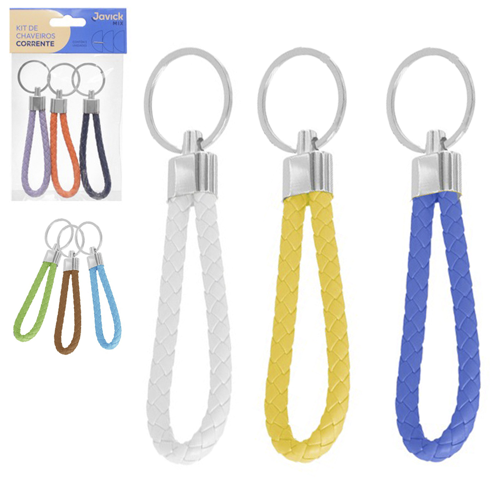CHAVEIRO DE METAL / COURO TRANCADO COLORS COM 3 PECAS 9,2X3CM