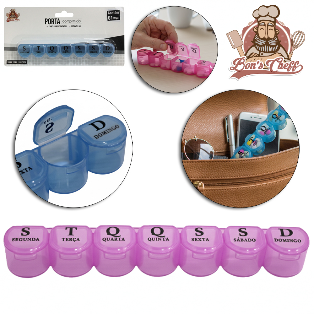 PORTA COMPRIMIDO DE PLASTICO RETANGULAR SEMANAL COM 7 COMPARTIMENTOS 15X2CM