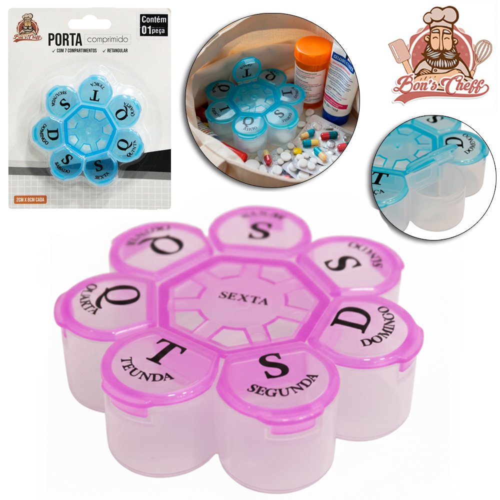 PORTA COMPRIMIDO DE PLASTICO REDONDO SEMANAL COM 7 COMPARTIMENTOS 8X2CM