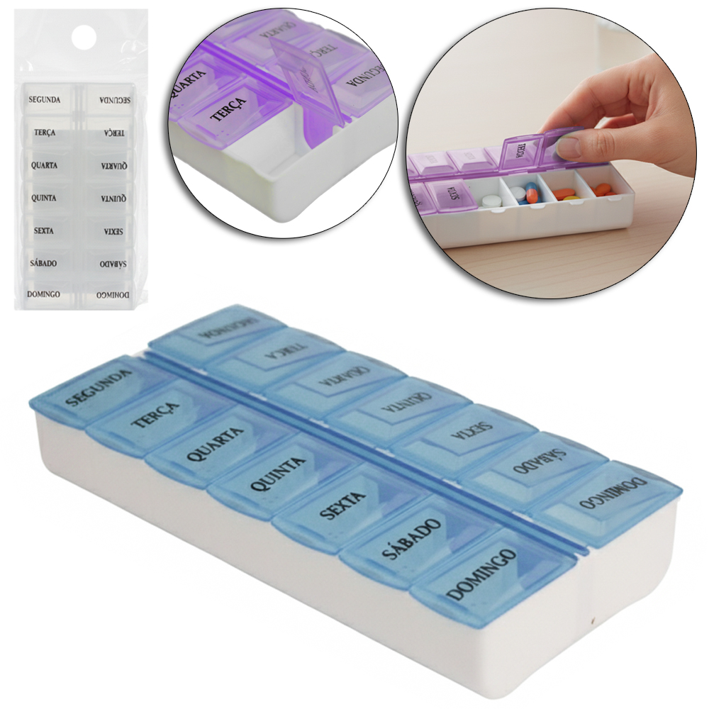 PORTA COMPRIMIDO DE PLASTICO RETANGULAR SEMANAL COM 14 COMPARTIMENTOS 13,5X7CM