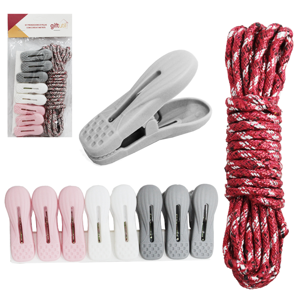 PRENDEDOR DE ROUPA DE PLASTICO COLORS COM 8 PECAS 6X2CM + CORDA MESCLADA DE VARAL 5M