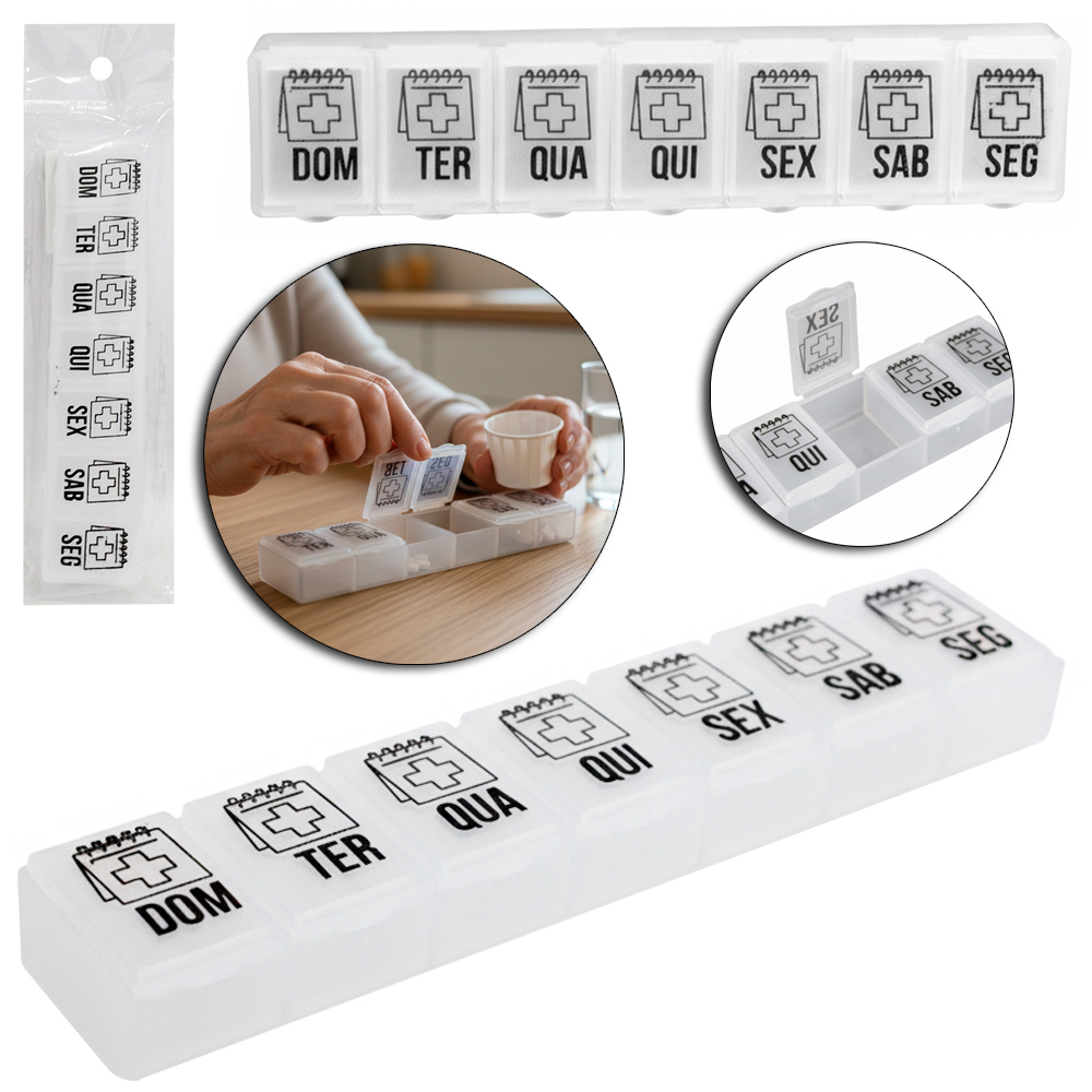 PORTA COMPRIMIDO DE PLASTICO RETANGULAR SEMANAL COM 7 COMPARTIMENTOS 15X3X2CM