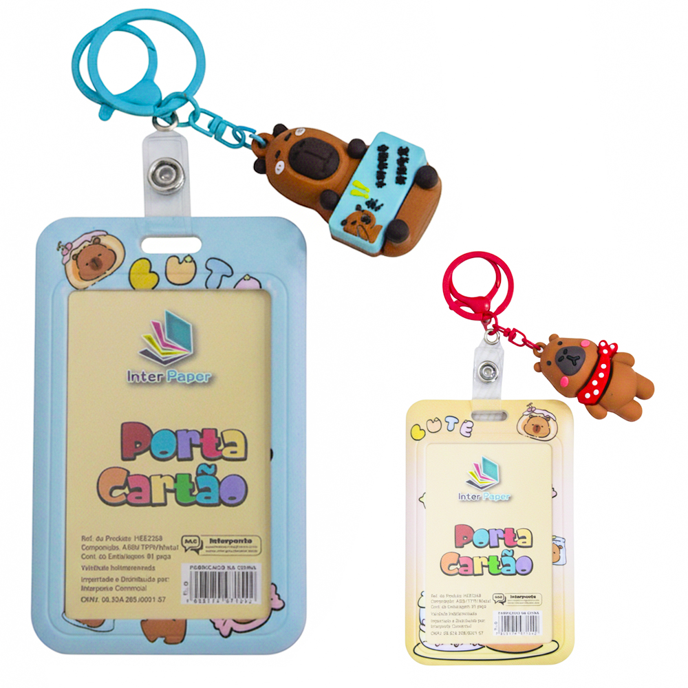 PORTA CARTAO / CRACHA DE PLASTICO COM MOSQUETAO CAPIVARA ESTAMPAS SORTIDAS INTER PAPER 11X7CM