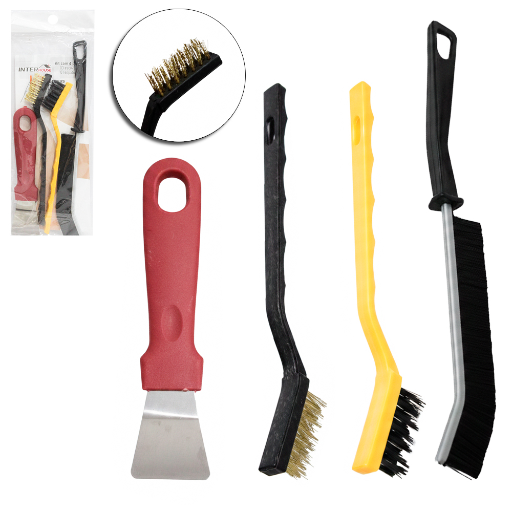 ESCOVA DE ACO COM ESPATULA CABO PLASTICO + ESCOVA DE PLASTICO 4 PECAS INTER HOUSE