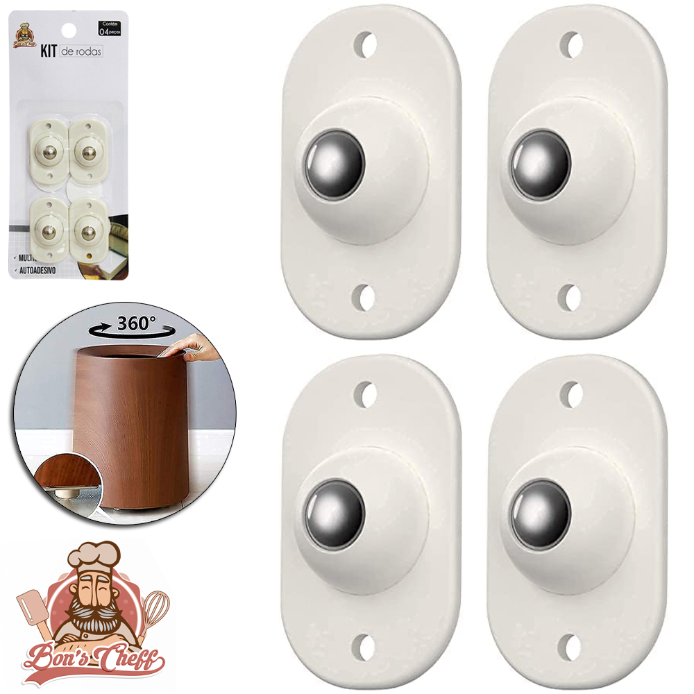 KIT RODIZIO DE PLASTICO COM ESFERA DE INOX AUTOADESIVO COM 4 PECAS 4,5X3CM