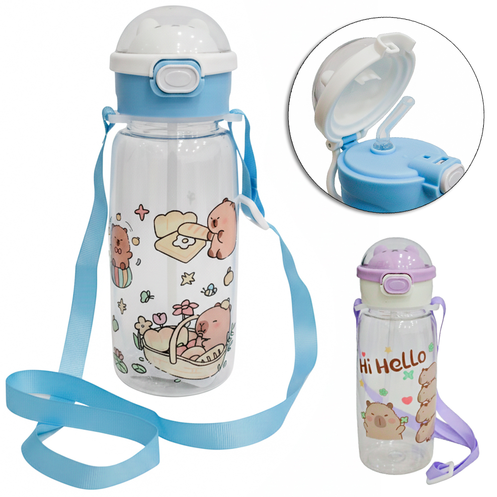 GARRAFA SQUEEZE DE PLASTICO CAPIVARA COM TAMPA + CANUDO + BOTAO + TRAVA E ALCA 730ML