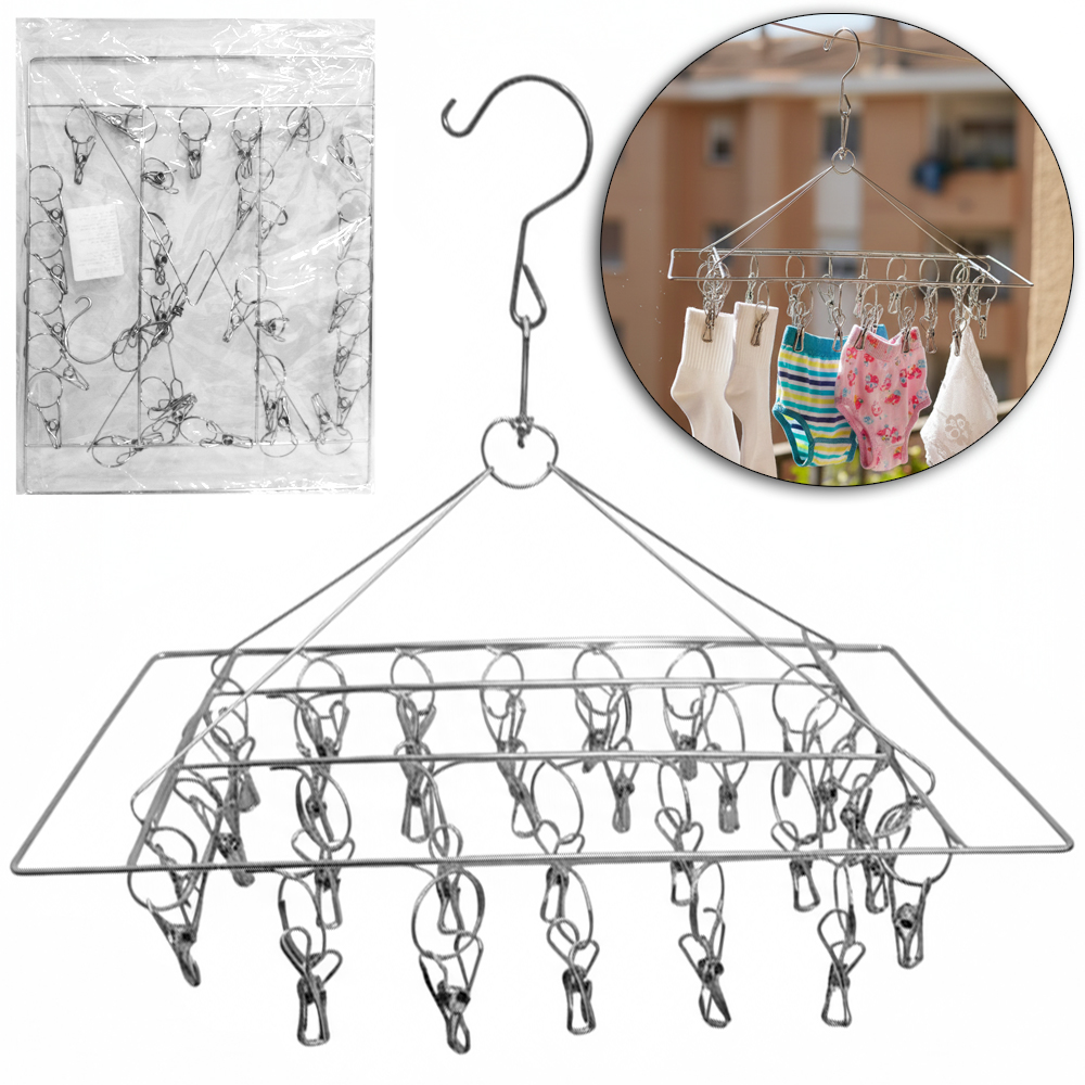 VARAL DE PENDURAR DE INOX RETANGULAR FIXO COM 30 PRENDEDORES 36X28CM