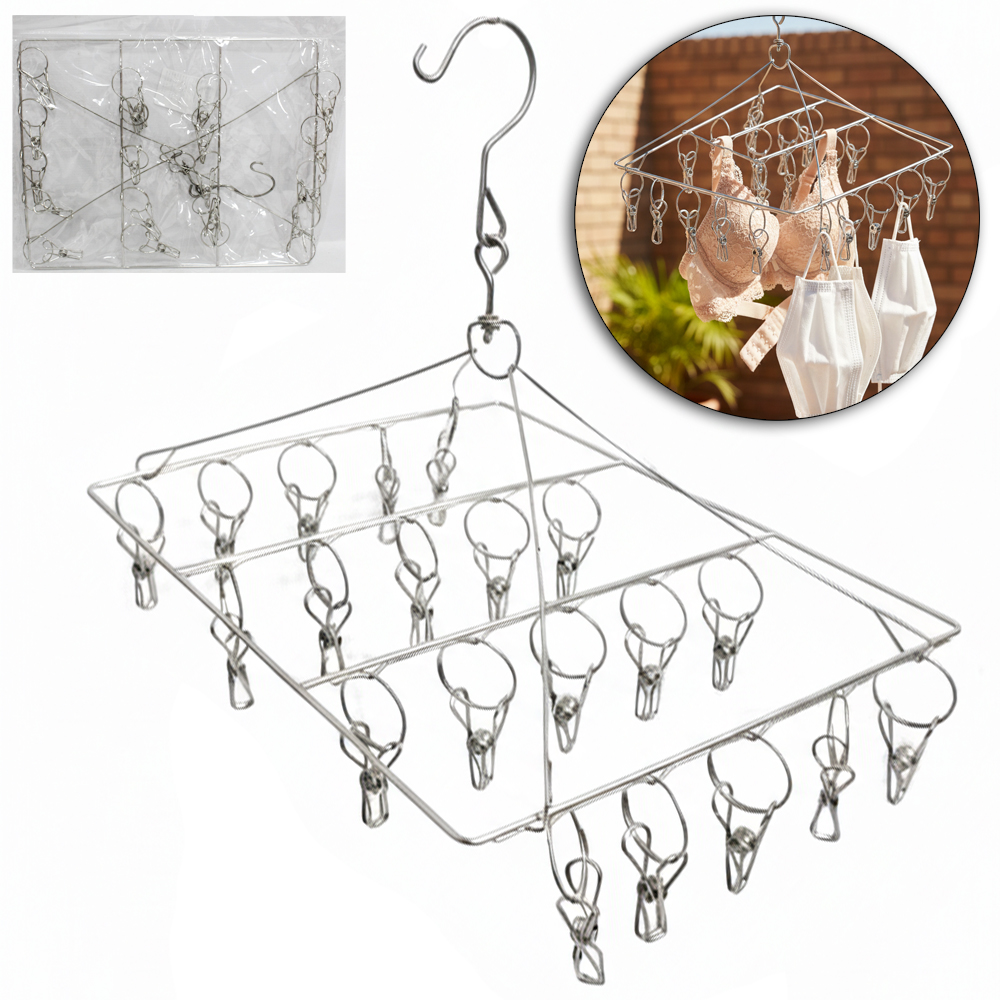 VARAL DE PENDURAR DE INOX RETANGULAR FIXO COM 20 PRENDEDORES 30X24CM