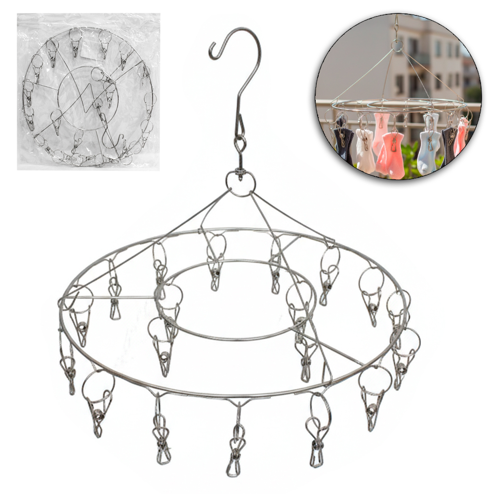 VARAL DE PENDURAR DE INOX REDONDO FIXO COM 20 PRENDEDORES 32CM DE Ø