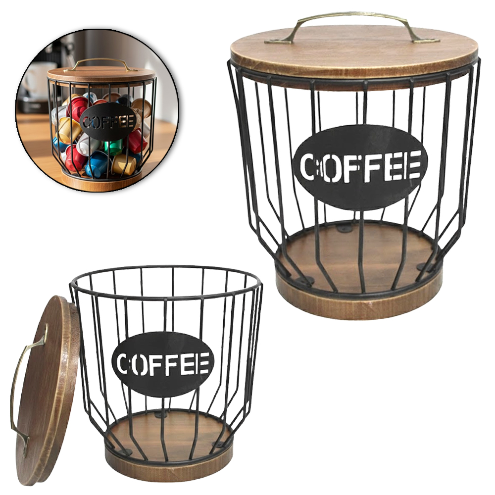 PORTA CAPSULAS DE CAFE COFFEE ARAMADO REDONDO COM BASE E TAMPA DE MADEIRA 19X16,5CM DE Ø