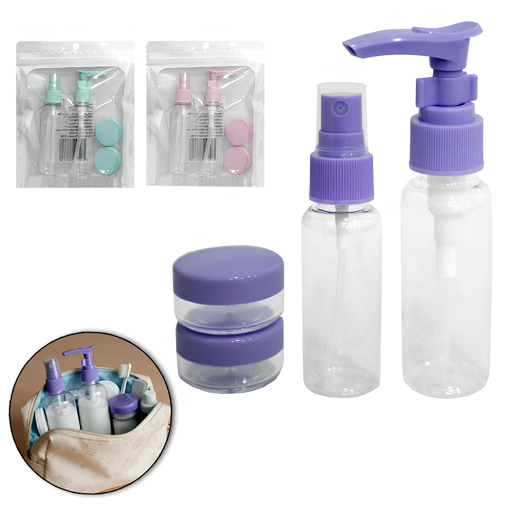 KIT FRASCO DE PLASTICO PARA VIAGEM + MINI POTE PORTA CREME 4 PECAS 100/10ML