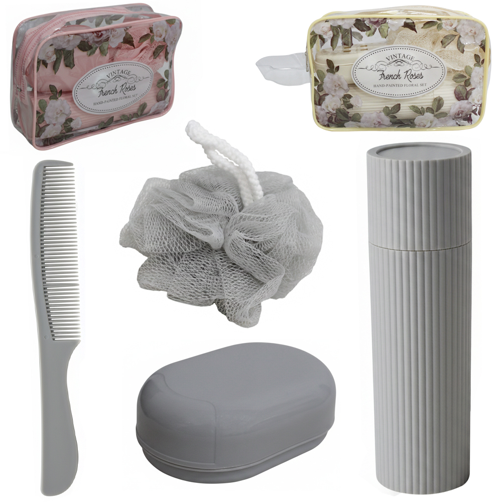 KIT VIAGEM COM PORTA ESCOVA + SABONETEIRA + PENTE E ESPONJA / BUCHA NA NECESSAIRE