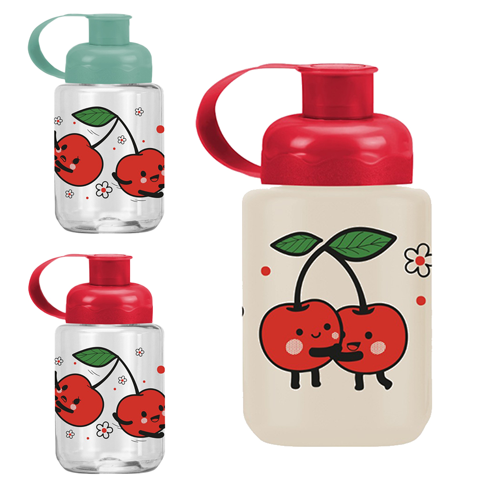 GARRAFA SQUEEZE DE PLASTICO PET CEREJA COM TAMPA E ALCA 330ML