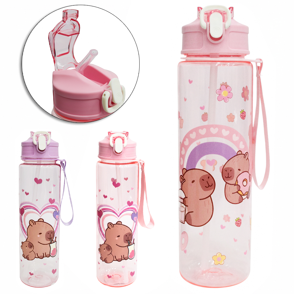 GARRAFA SQUEEZE DE PLASTICO PET CAPIVARA COM CANUDO + BOTAO + TRAVA E ALCA 800ML