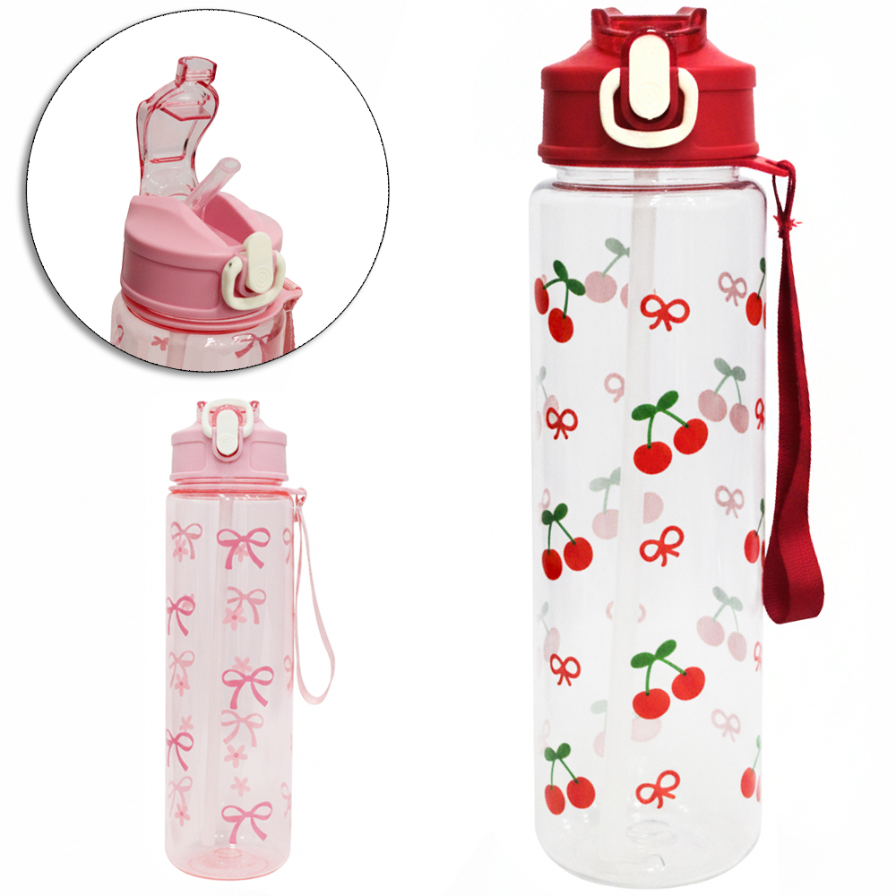 GARRAFA SQUEEZE DE PLASTICO PET CEREJA / LACO COM CANUDO + BOTAO + TRAVA E ALCA 800ML