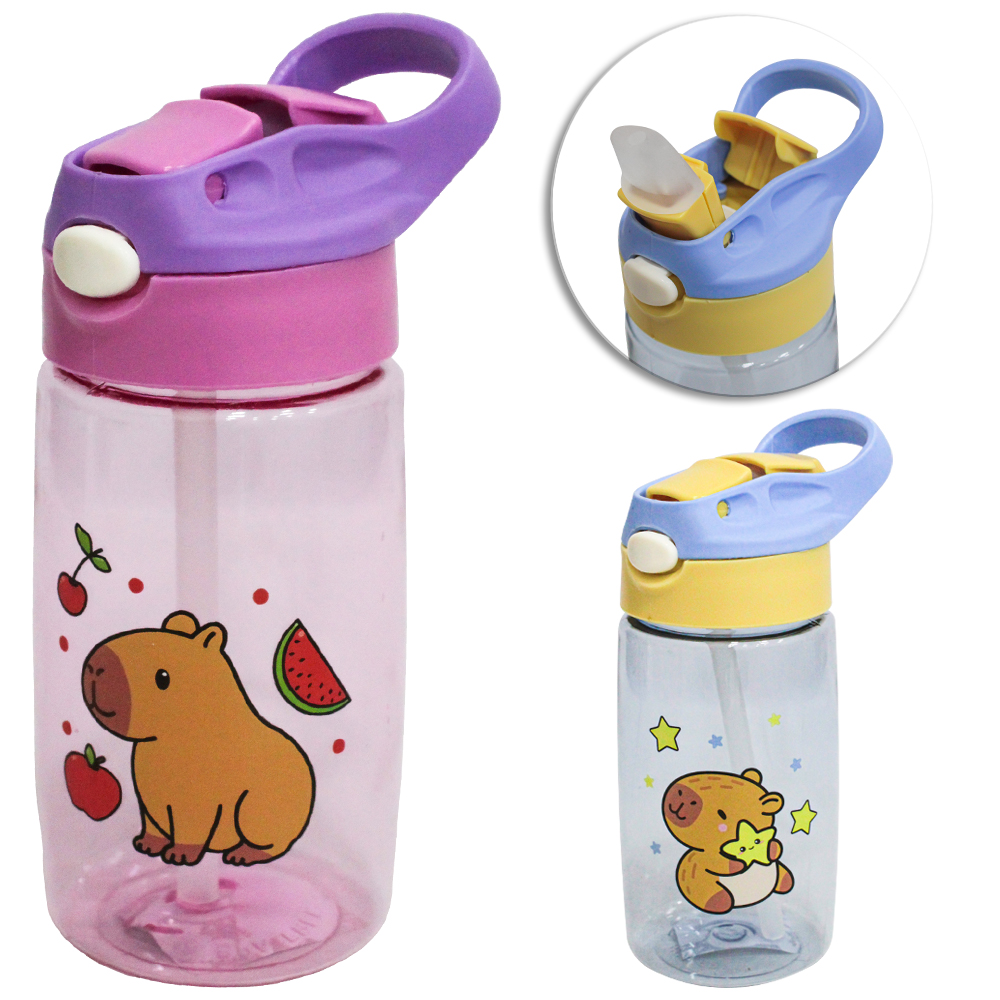 GARRAFA SQUEEZE DE PLASTICO AS CAPIVARA COM CANUDO + BOTAO E ALCA TRANSCOLOR 450ML