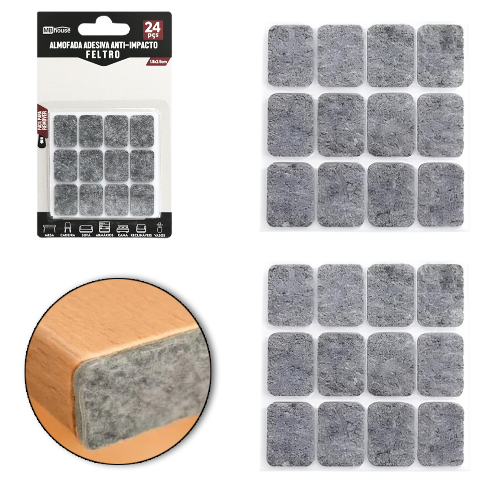 PROTETOR AUTOADESIVO PARA MOVEIS EM FELTRO RETANGULAR COM 24 PECAS 2,5X1,8CM MB HOUSE