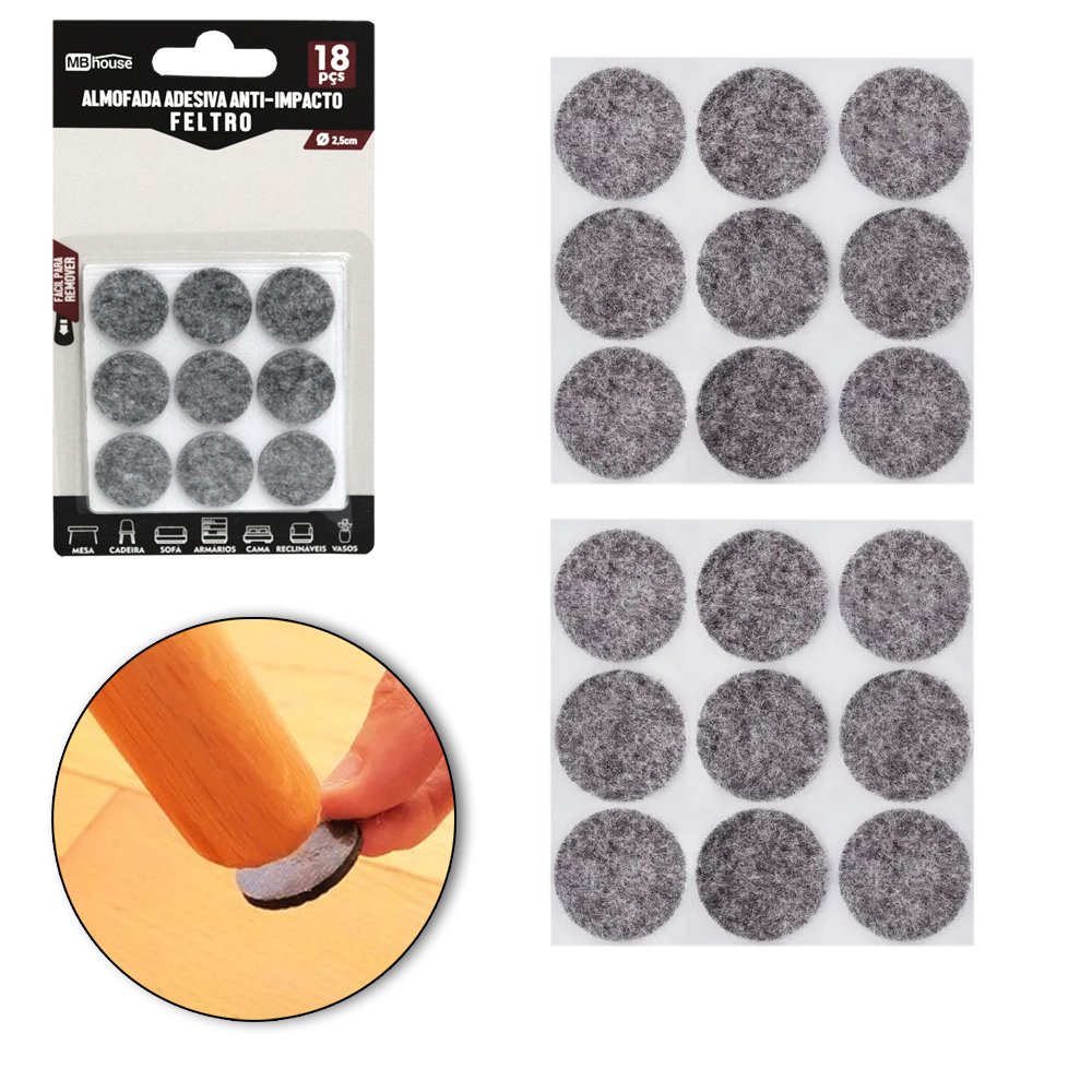PROTETOR AUTOADESIVO PARA MOVEIS EM FELTRO REDONDO COM 18 PECAS 2,5CM DE Ø MB HOUSE