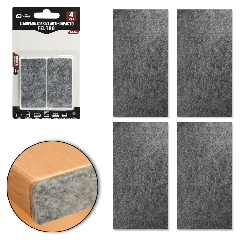PROTETOR AUTOADESIVO PARA MOVEIS EM FELTRO RETANGULAR COM 4 PECAS 8X3,8CM MB HOUSE