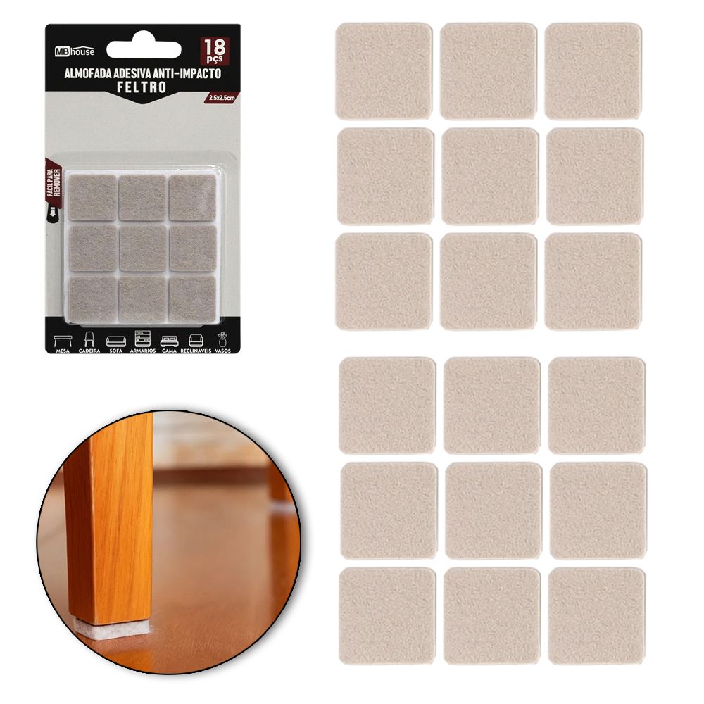 PROTETOR AUTOADESIVO PARA MOVEIS EM FELTRO QUADRADO COM 18 PECAS 2,5CM MB HOUSE
