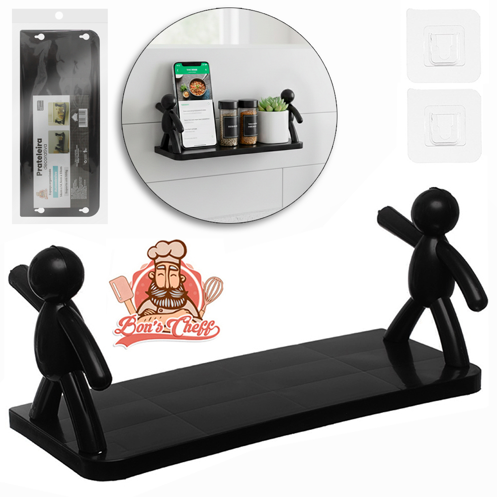 PRATELEIRA RETANGULAR DE PLASTICO BUDDY LISA AUTOADESIVO PRETO 33X14,5X14CM