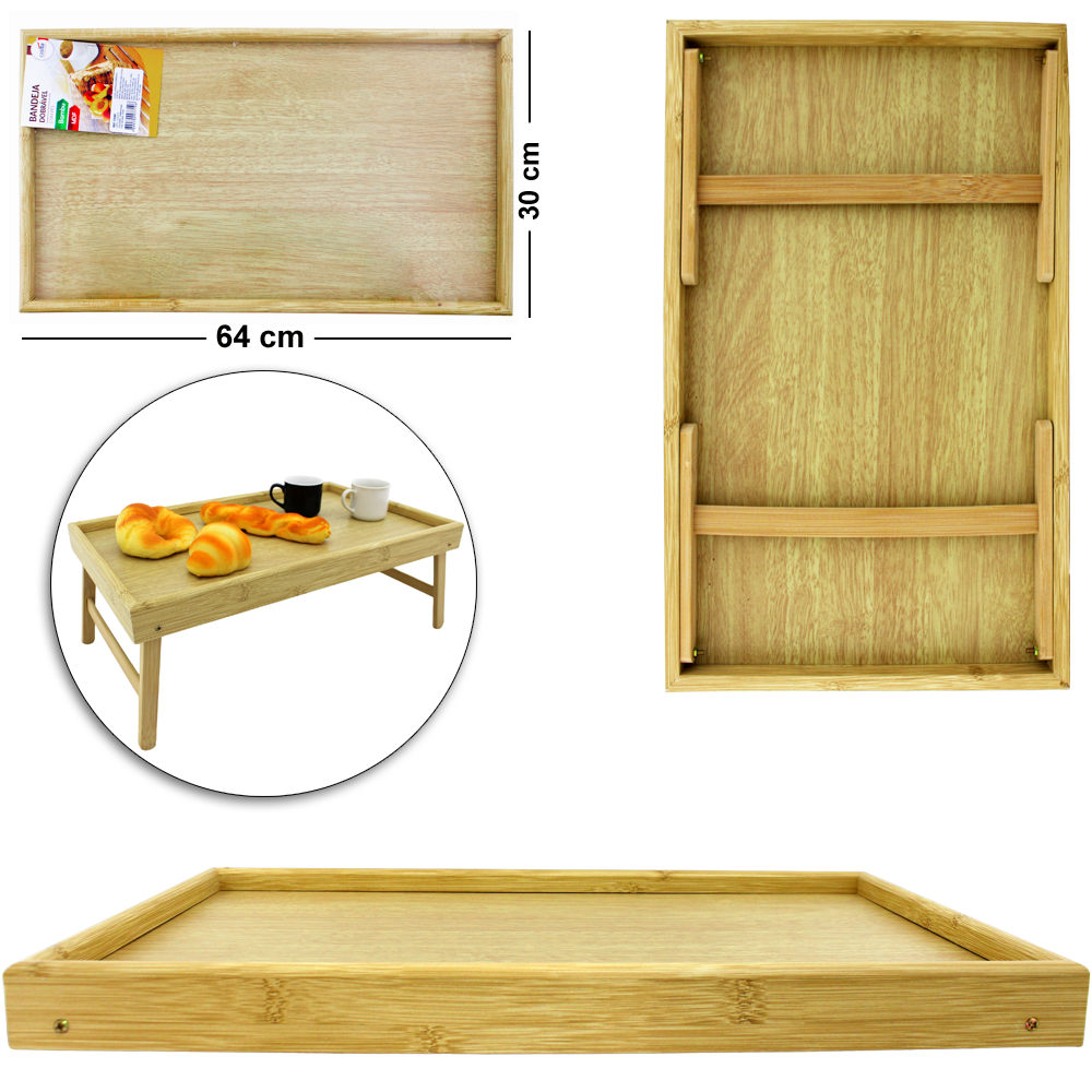 MESA BANDEJA DE BAMBU E MDF RETANGULAR COM PES RETRATEIS 64X30X20CM
