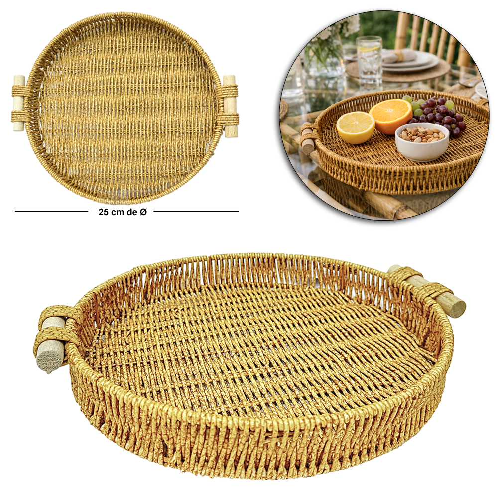 BANDEJA DE PLASTICO TIPO VIME REDONDA COM ALCA DE MADEIRA MOMENT 4,5X28,5X25CM DE Ø