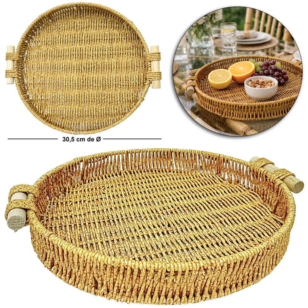 BANDEJA DE PLASTICO TIPO VIME REDONDA COM ALCA DE MADEIRA MOMENT 4,5X34X30,5CM DE Ø