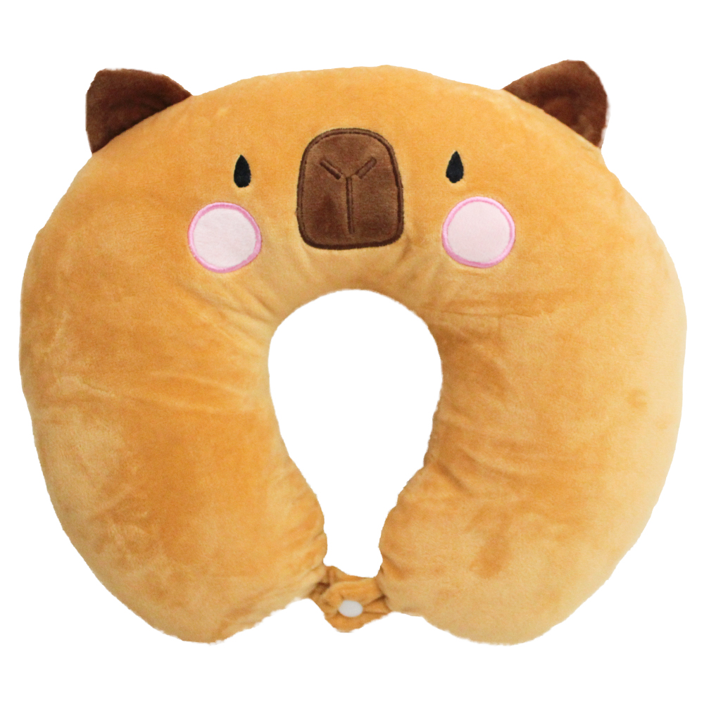 ALMOFADA CHEIA DE PELUCIA DE PESCOCO / TRAVESSEIRO DE VIAGEM CAPIVARA COM BOTAO 30X27CM