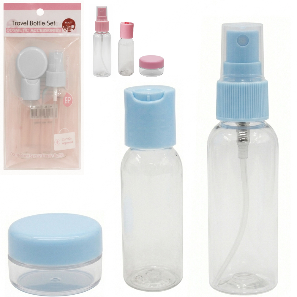 KIT FRASCO DE PLASTICO PARA VIAGEM + MINI POTE PORTA CREME 3 PECAS
