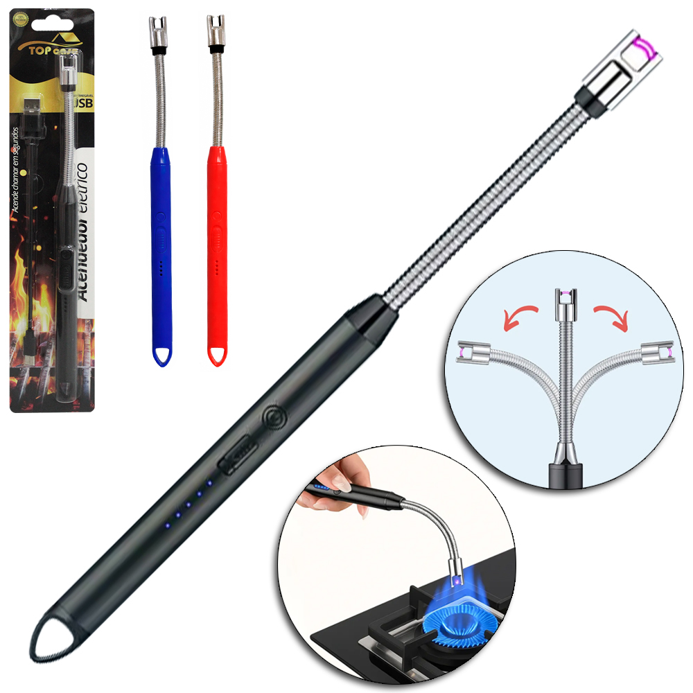 ACENDEDOR DE FOGAO A GAS COM PONTA FLEXIVEL RECARREGAVEL + CABO USB PREMIUM TOP CASA 26CM