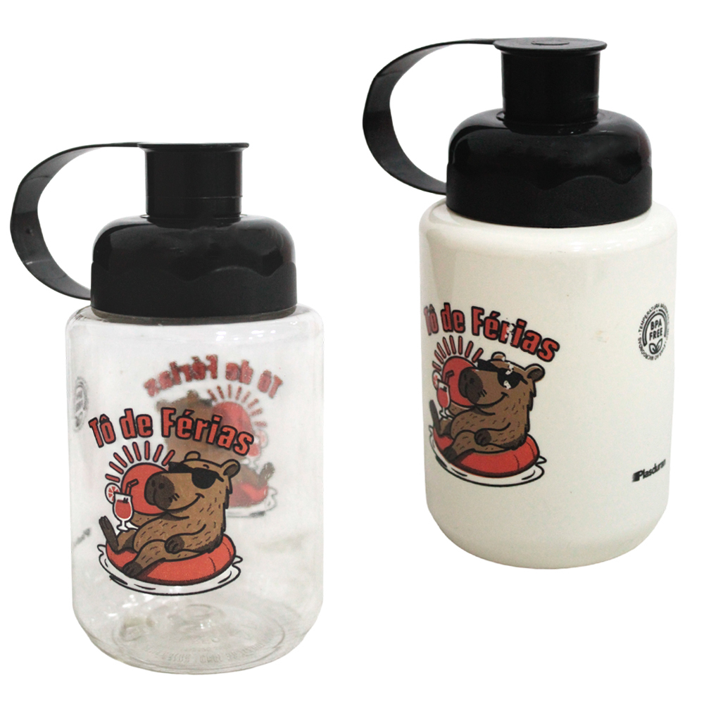 GARRAFA SQUEEZE DE PLASTICO PET CAPIVARA COM TAMPA E ALCA 330ML