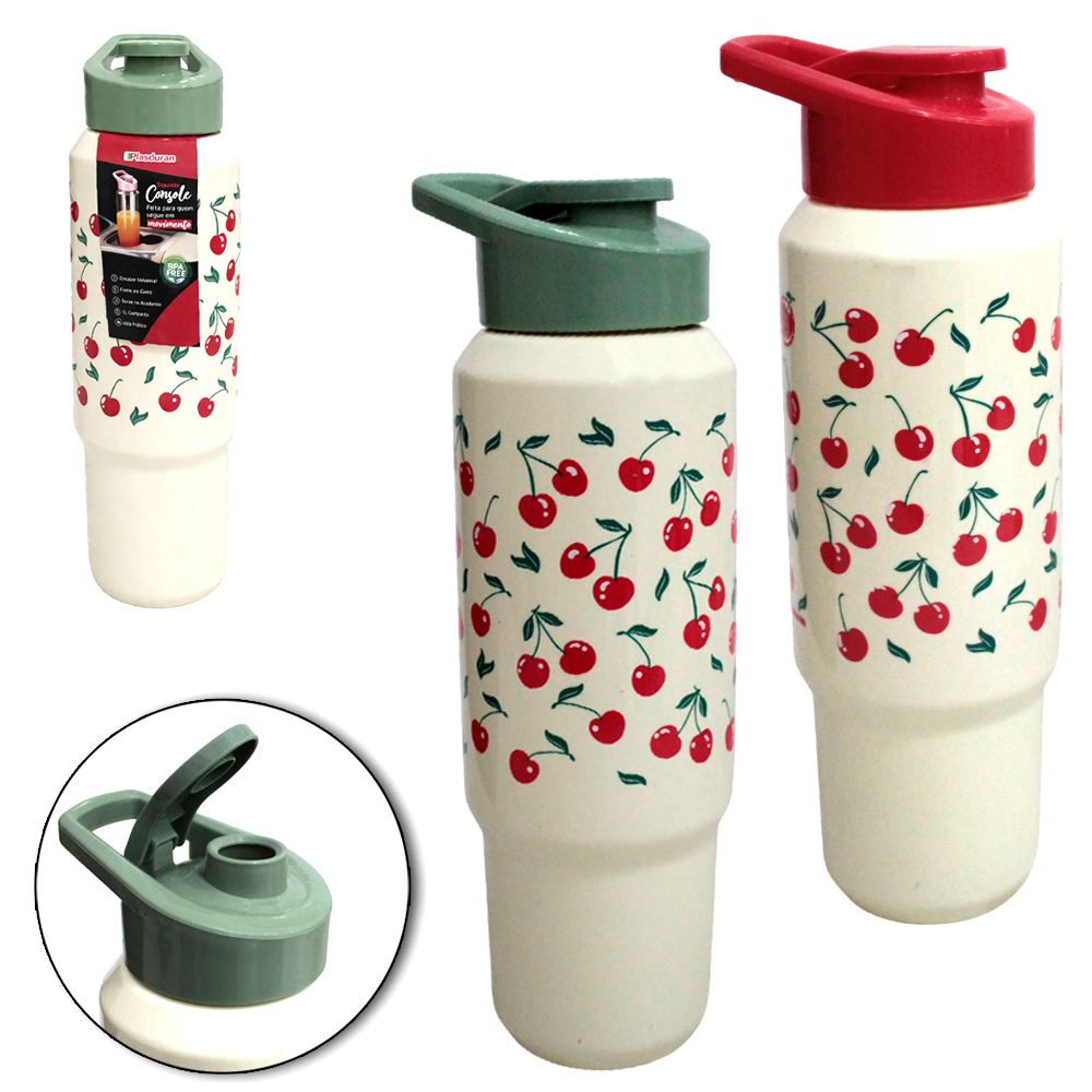 GARRAFA SQUEEZE DE PLASTICO PET CONSOLE CEREJA COM TAMPA E ALCA 1L