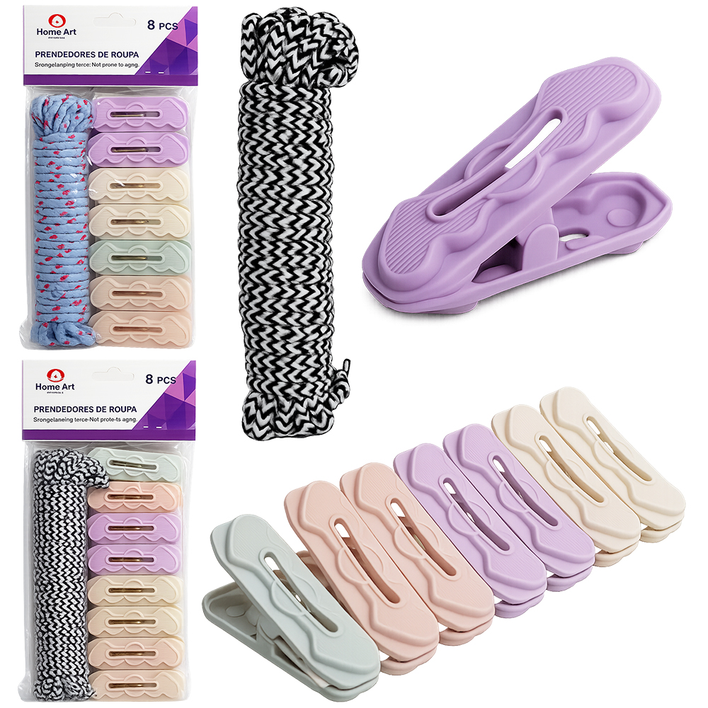 PRENDEDOR DE ROUPA DE PLASTICO COLORS COM 7 PECAS 6X2CM + CORDA MESCLADA DE VARAL 5,4M