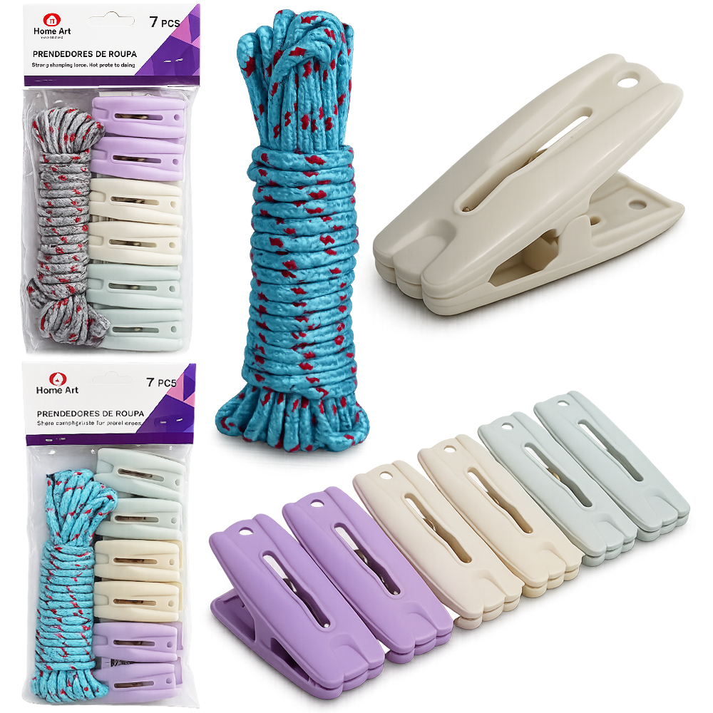 PRENDEDOR DE ROUPA DE PLASTICO COLORS COM 6 PECAS 6X2,5CM + CORDA MESCLADA DE VARAL 5,2M
