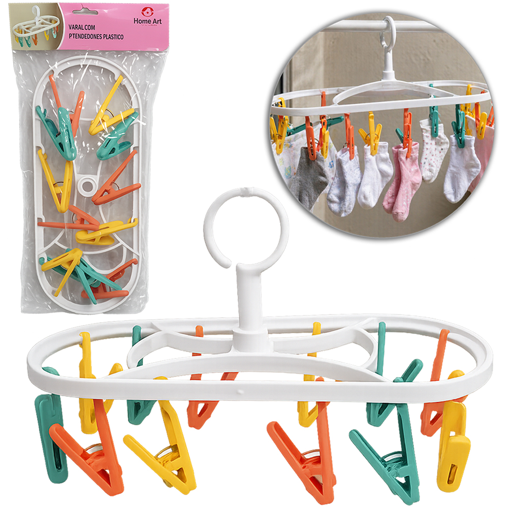VARAL DE PENDURAR DE PLASTICO OVAL FIXO COM 12 PRENDEDORES 30,5X13X10,5CM