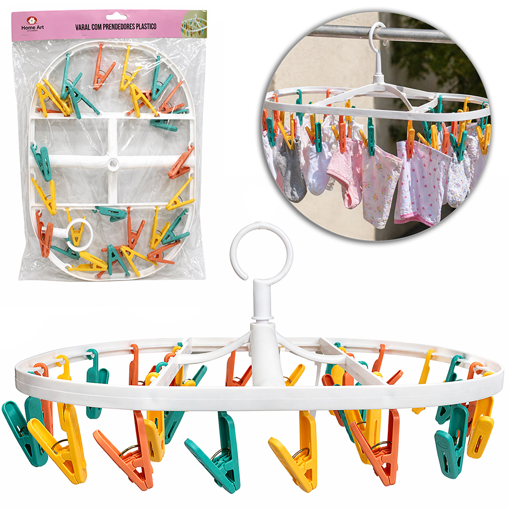 VARAL DE PENDURAR DE PLASTICO OVAL FIXO COM 28 PRENDEDORES 41,5X34X10,5CM