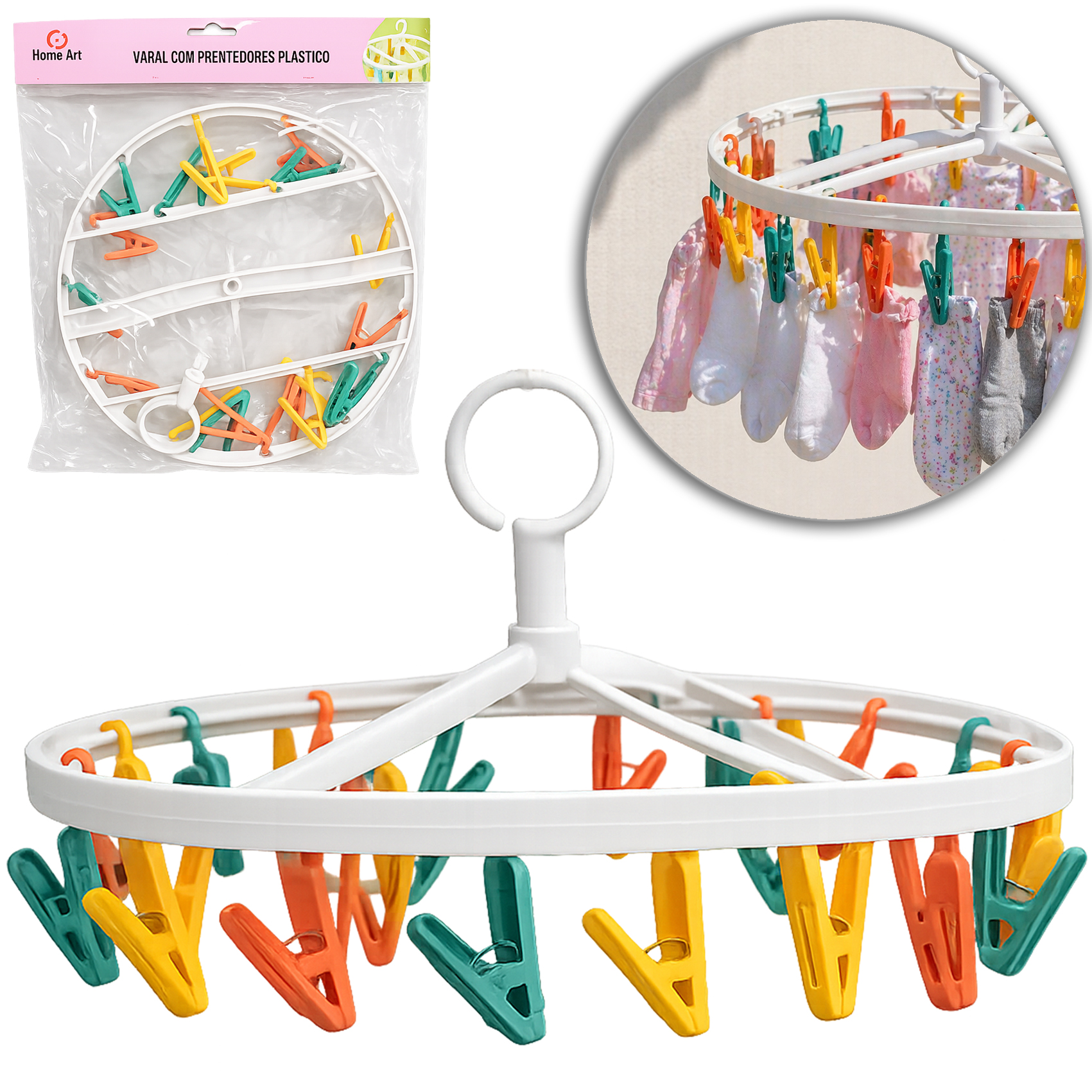 VARAL DE PENDURAR DE PLASTICO REDONDO FIXO COM 18 PRENDEDORES 10,5X33CM DE Ø