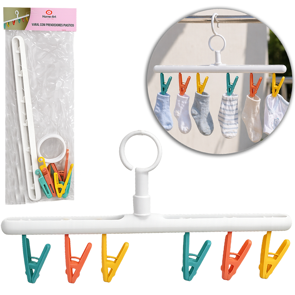 VARAL DE PENDURAR DE PLASTICO FIXO COM 6 PRENDEDORES 38,5X10,5CM