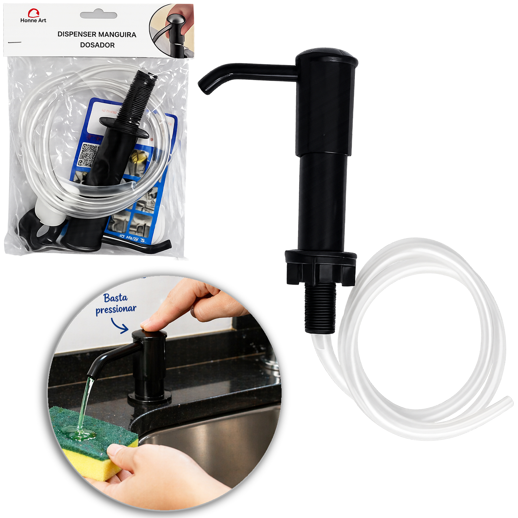 DISPENSER DOSADOR PARA EMBUTIR CUBA DE PIA DE PLASTICO COM MANGUEIRA 112X9,5X4,5CM