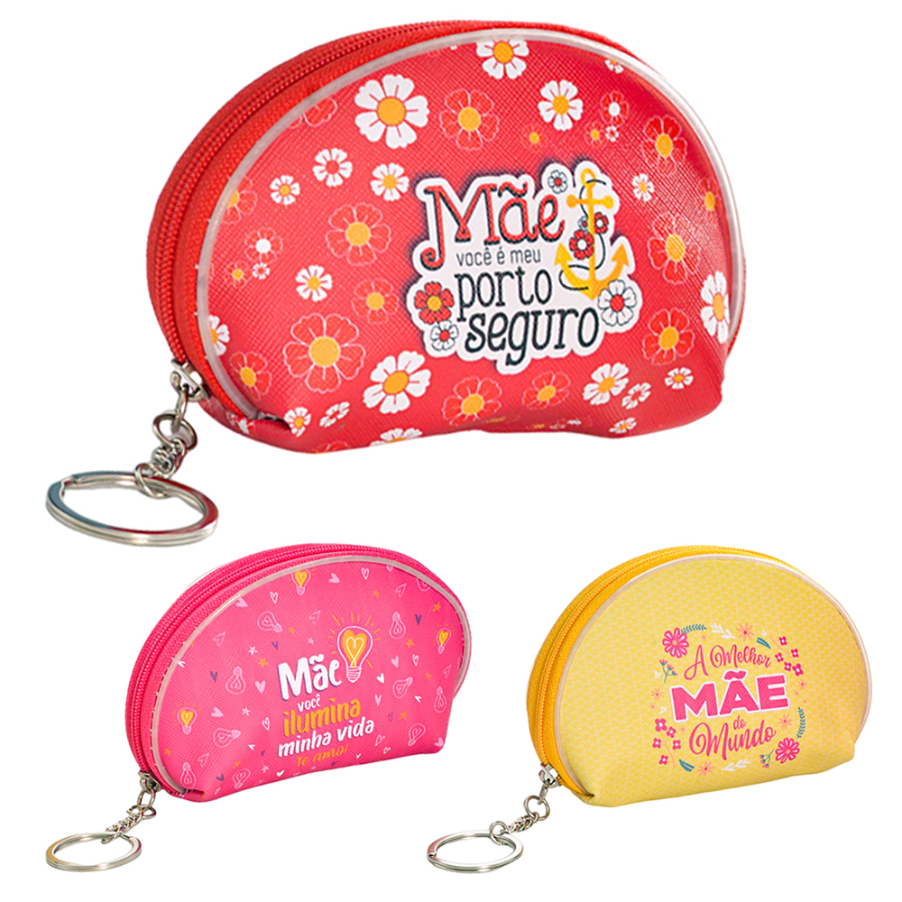 PORTA MOEDAS / NIQUEL DE PVC MEIA LUA FRASES MAE COM ZIPER 12X9X3CM