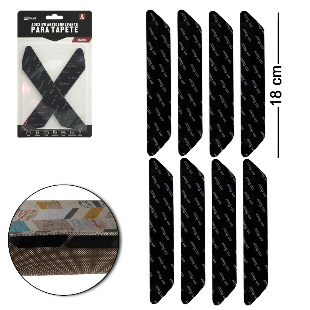 ADESIVO ANTIDERRAPANTE PARA TAPETE COM 8 PECAS 18X3CM MB HOUSE