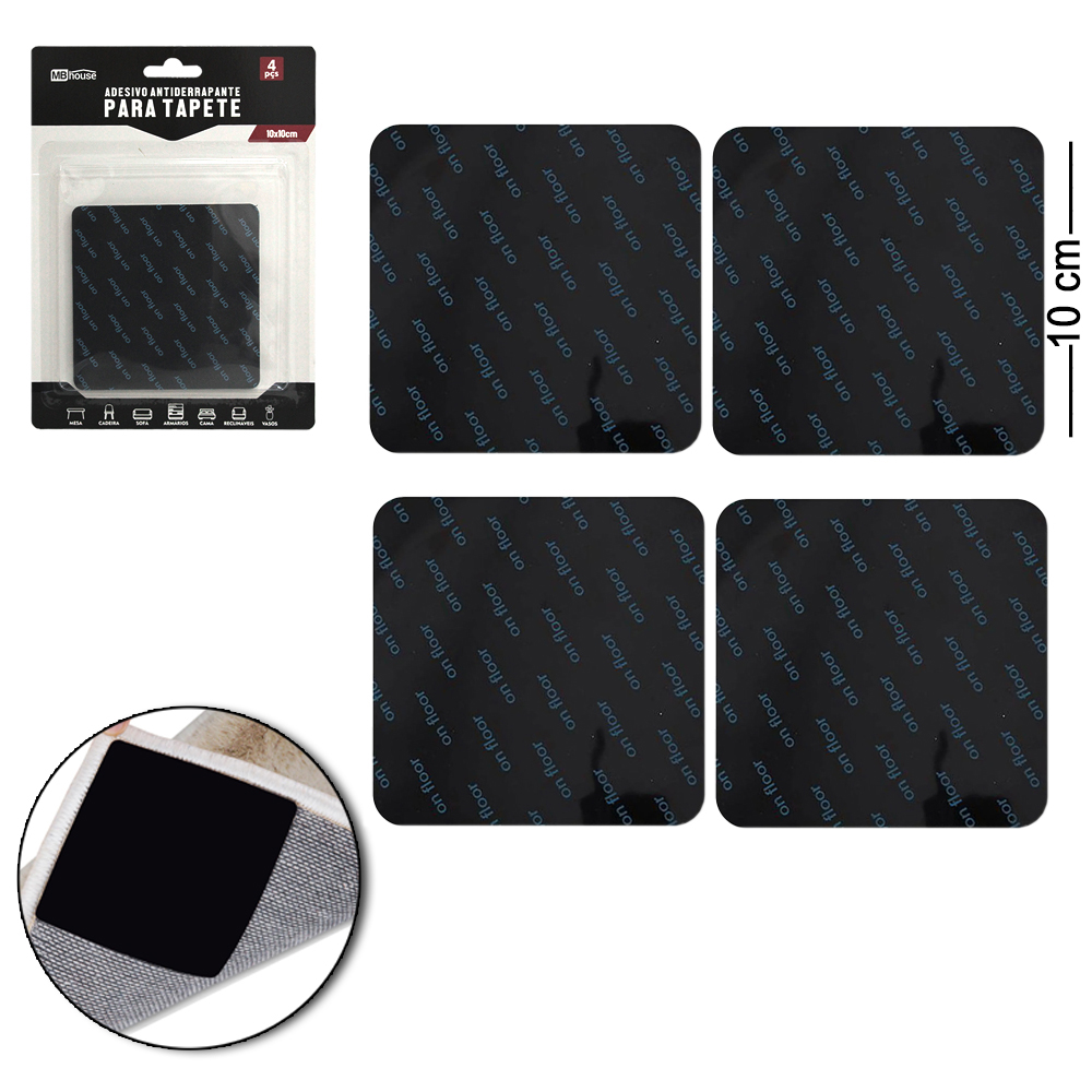 ADESIVO ANTIDERRAPANTE PARA TAPETE QUADRADO COM 4 PECAS 10CM MB HOUSE