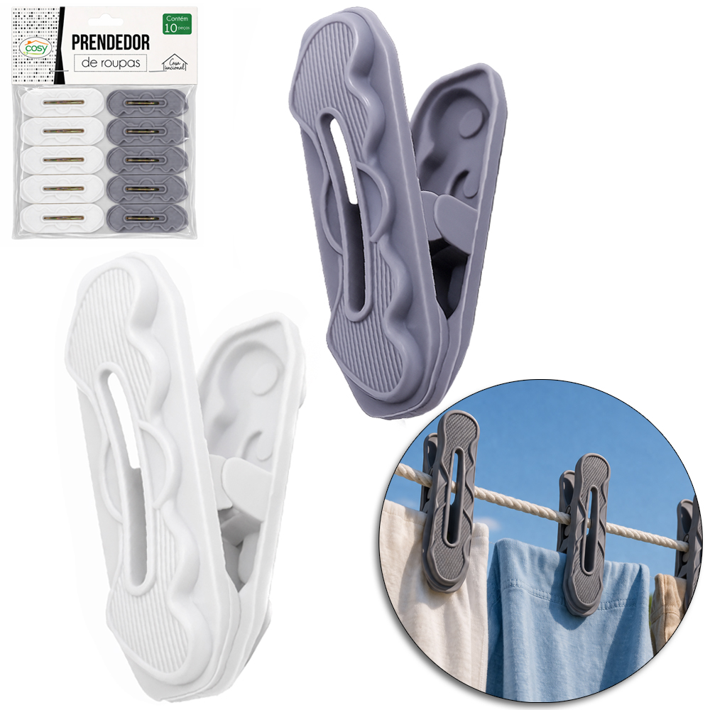 PRENDEDOR DE ROUPA DE PLASTICO BRANCO / CINZA COM 10 PECAS 6X2CM